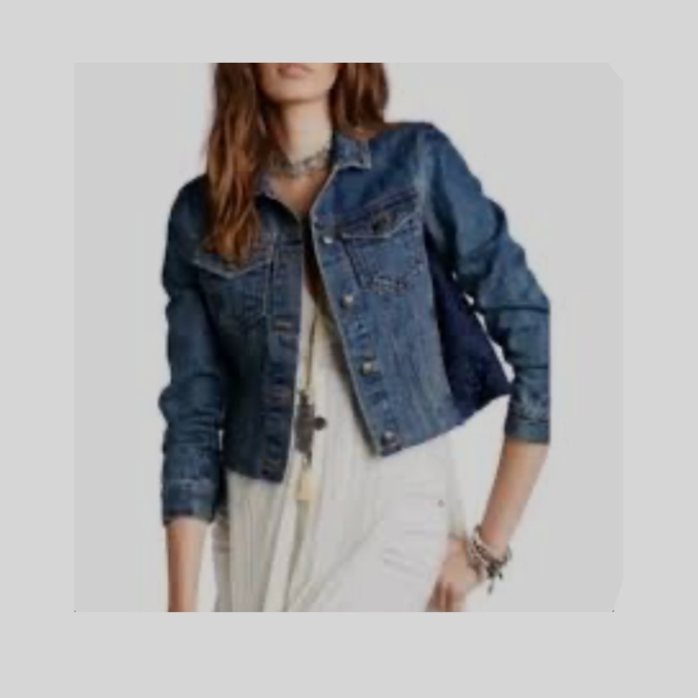 Free People Denim Jacket Lace Side Panel Medium Wash Cropped Trucker Blue